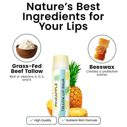 Tallow Lip Balm by Cattle Creek – Organic, All-Natural Ingredients, Long-Lasting Moisture and Hydration for Dry, Cracked, and Chapped Lips, Soothing Formula for Soft Skin (Pack of 3, Pineapple)