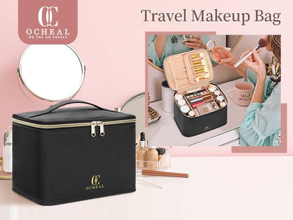 OCHEAL Travel Makeup Bag, Cosmetic Bags for Women Makeup Case Organizer Large Capacity Travel Toiletry Bag Storage Bags with Divider and Handle for Cosmetics Toiletries Brushes Tools-Large, Black