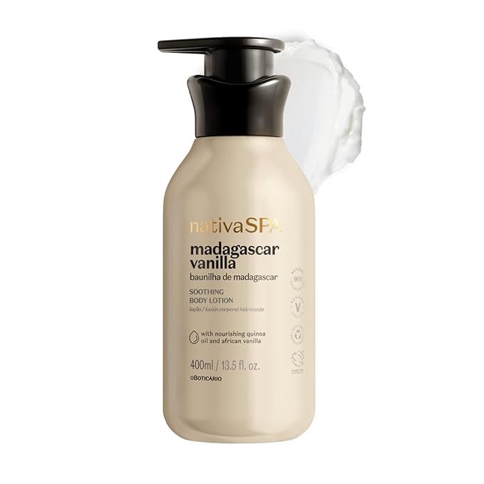 Nativa SPA by O Boticário, Madagascar Vanilla Moisturizing Body Lotion, Fragranced Skin Moisturizer with Purified Quinoa Drops, 13.5 Ounce