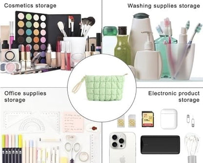 DOB SECHS Puffer Quilted Makeup Bag with Handle Detachable Cute Puffy Cotton Cosmetic Bag for Women, Small Toiletry Zipper Make Up Pouch, Checkered Quilt Clutch Bag Travel Storage Pouches Case, Green
