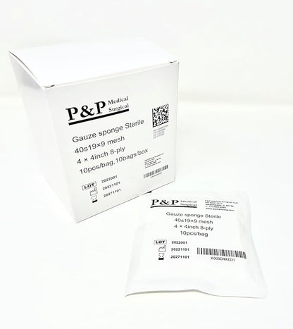 Gauze Surgical Sponges Cotton STERILE Woven 8-ply High Grade Quality 4"x4" Class I(a) All Purpose Pads by P&P MEDICAL SURGICAL Pack of 100