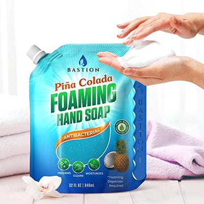 Bastion Foaming Hand Soap Refills: (6) 32oz Pouch Pina Colada Scented Antibacterial Instant-Foam Bulk Hand Wash