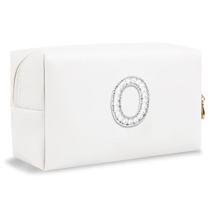 Bride Gifts – Personalized Initial Makeup Bag with Pearl Rhinestone Patch, Preppy White Monogram Cosmetic/Toiletry Pouch, bridesmaid Gifts, Bridal Shower Gifts, Wedding Gifts, Bridal Gifts,O