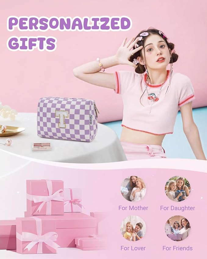 Narwey Birthday Gifts for Women Teen Girls Kids Personalized Initial Makeup Bag Monogram Preppy Cosmetic Bag Trendy Stuff 6 8 10 11 12 13 14 16 18 Years Old Travel Toiletry Bag (Purple Letter T)