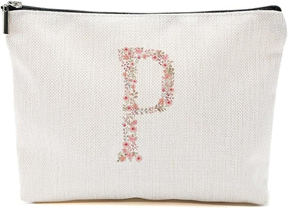 Initial Makeup Bag Floral P Personalized Cosmetic Bag Monogrammed Gifts for Women Girls Bride Bridesmaid Monogram Zipper Pouch for Teacher Appreciation Mothers Day Birthday Wedding Bridal Shower Gifts