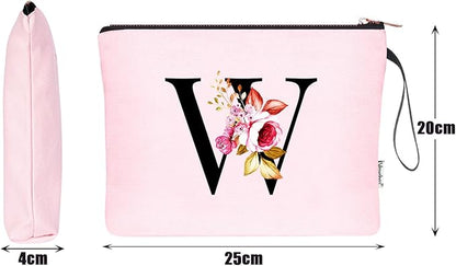 Vavabox A-Z Personalized Makeup Bag, Birthday Gifts for Women Mom, Gifts for Best Friend, Bride Bridesmaid Cosmetic bag (W, Pink)