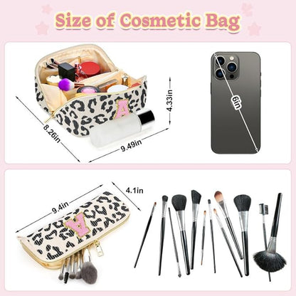 Personalized Travel Makeup Bag Set,Initial Travel Cute Leopard Makeup Organizer Bag,Toiletry Skincare Cosmetic Bag,Christmas Gifts for Women/Girls,Open Flat Toiletry Pouch with Brush Pocket-E
