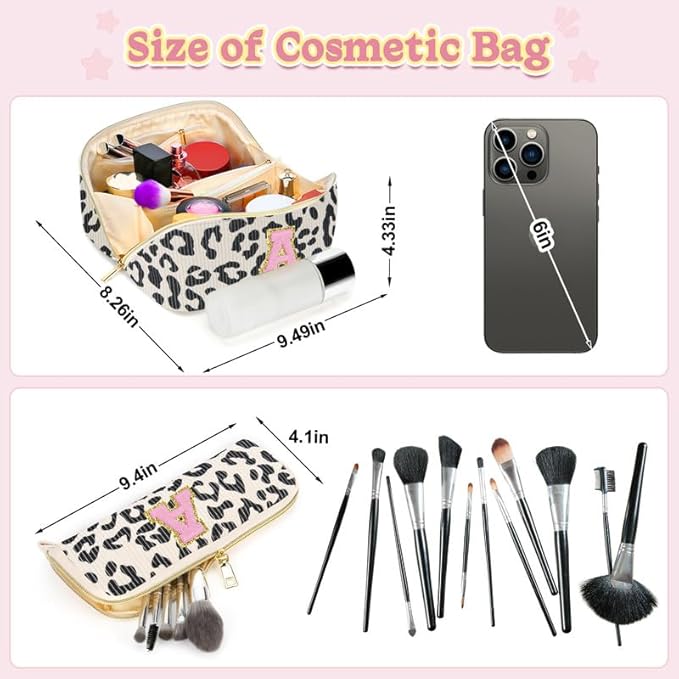 Personalized Travel Makeup Bag Set,Initial Travel Cute Leopard Makeup Organizer Bag,Toiletry Skincare Cosmetic Bag,Christmas Gifts for Women/Girls,Open Flat Toiletry Pouch with Brush Pocket-G