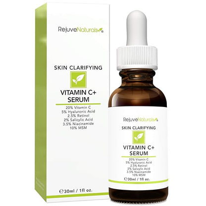 Vitamin C Serum Plus 5% Hyaluronic Acid, 2.5% Retinol, 2% Salicylic Acid, 3.5% Niacinamide, 10% MSM, 20% Vitamin C - Anti Aging Anti Wrinkle Skin Clearing Serum Organic Skin Care for Face and Eyes 1oz
