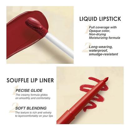 BestLand 6Pcs Matte Liquid Lipstick and Lip Liner Set, Non-Stick Cup Not Fade Waterproof 24 Hour Lip Gloss Nude Brown Lip Liner Pencil for Women, labiales mate 24 horas originales (Set F)