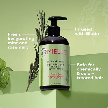 Mielle Organics Rosemary Mint Strengthening Shampoo and Leave-In Conditioner Infused with Biotin, Cleanses and Helps Strengthen Weak and Brittle Hair, 12 Ounces
