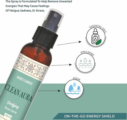 Sacred Element's Clean Aura Room Spray | Natural Purifying Mist for Energy Clearing, Negativity Release, Spiritual Balance & Aromatherapy | 3.38 Fl Oz / 100ml Non-Toxic Air Freshener