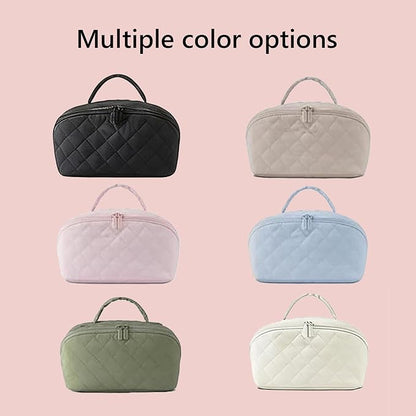 Petition Makeup Bag, 180° Open Lay-Flat Cosmetic Case, Large Capacity Compartment Makeup Bag, Lightweight, Soft and Fashion for Bottles & Brushes (Beige)