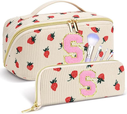 Personalized Travel Makeup Bag Set,Initial Travel Strawberry Makeup Organizer Bag,Toiletry Skincare Cosmetic Bag,Christmas Gifts for Women/Girls,Open Flat Toiletry Pouch with Brush Pocket-S
