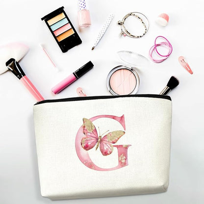 Initial Makeup Bag Pink Butterfly G Personalized Cosmetic Bag Monogrammed Gifts for Women Girls Bride Grandma Monogram Zipper Pouch for Friendship Mothers Day Birthday Wedding Bridal Shower Gifts