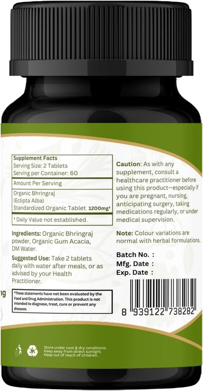 Bhringraj 120 Tablets | Eclipta Alba (Bhringraj) | USDA Organic Certified | Ayurvedic Hair Care | Organic and Natural 120tab - Pack of 3