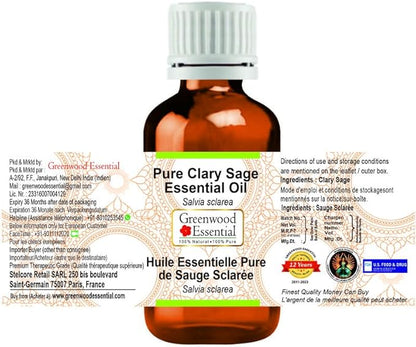 Greenwood Essential Clary Sage Essential Oil (Salvia sclarea) Pure | Non-Sticky | Non-Greasy | Lightweight | Men & Women | All Skin Types | Steam Distilled 10ml (0.33 oz)