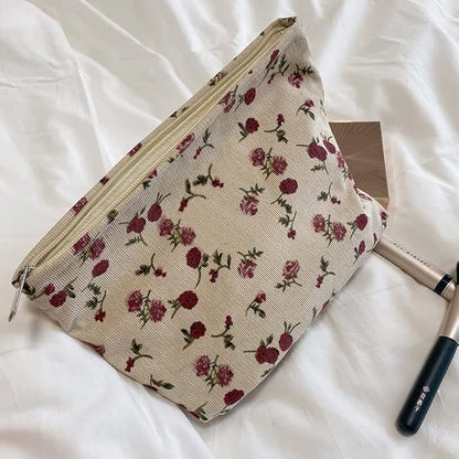 PAZIMIIK Makeup Bag Large Zipper Corduroy Make Up Pouch for Purse Travel Canvas Cosmetic Organizer for Women Brush Storage,Vintage Rose Beige
