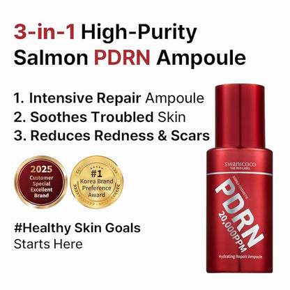 Swanicoco PDRN Hydrating Repair Ampoule Serum Powerful Anti Aging Face and Neck for Skin Turnover Skin Regeneration Wound Healing Korean Skincare, Stocking Stuffer 30ml 1Fl Oz