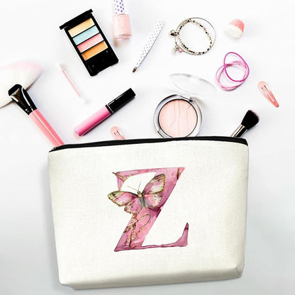 Initial Makeup Bag Pink Butterfly Z Personalized Cosmetic Bag Monogrammed Gifts for Women Girls Her Bridesmaid Monogram Zipper Pouch for Friendship Mothers Day Birthday Wedding Bridal Shower Gifts