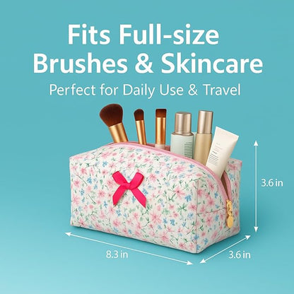 Floral Cotton Makeup Brush Cosmetic Bag for Women, Travel Quilted Zipper Pouch, Large Capacity Flowers Toiletry Organizer, Kawaii Makeup Storage Case, Cosmetic Travel Cloth Bag-Rose Red Floral