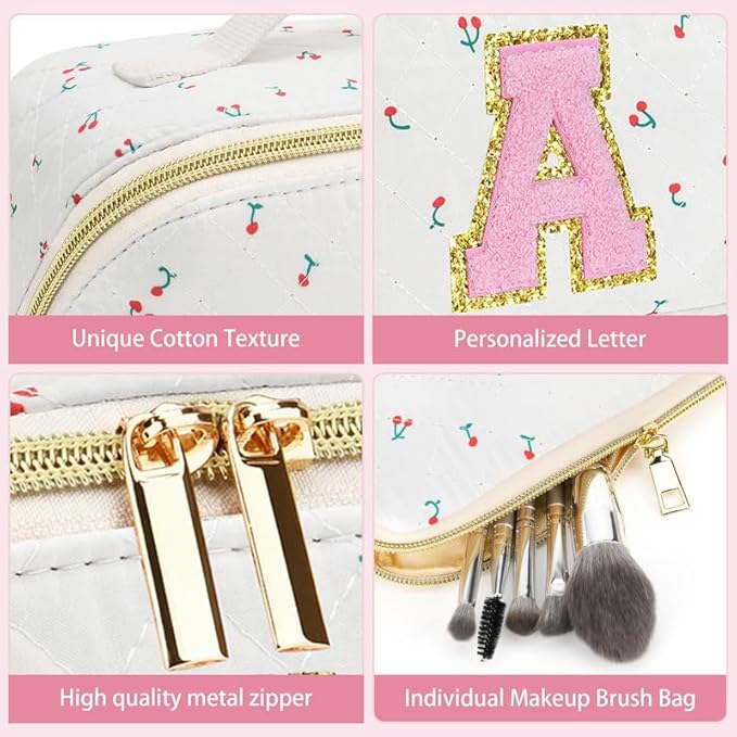 Personalized Travel Makeup Bag Set,Initial Travel Cute Cherry Makeup Organizer Bag,Toiletry Skincare Cosmetic Bag,Christmas Gifts for Women/Girls,Open Flat Toiletry Pouch with Brush Pocket-E