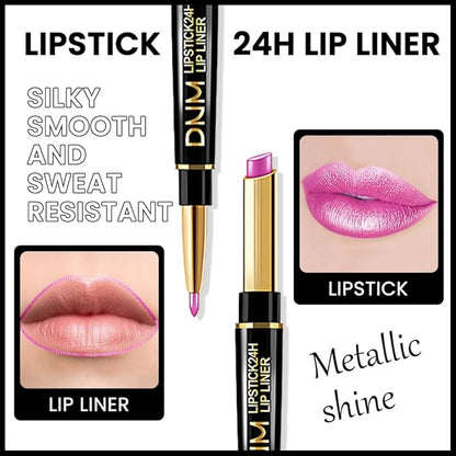 BINGBRUSH 3Pcs Double Ended Vivid Fuchsia Natural Pink Rose Metallic Lip Liner and Lipstick Makeup Combo Set for Women, Lipliner 24 Hours Original Waterproof Long Lasting Lip Stains Pencil Kit Set