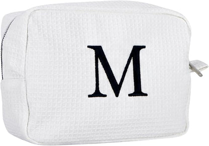 Personalized White Waffle Makeup Bag,Custom Embroidered Initial Cosmetic Pouch for Women,Monogrammed Cosmetic Case,Bridesmaid Gifts (M)