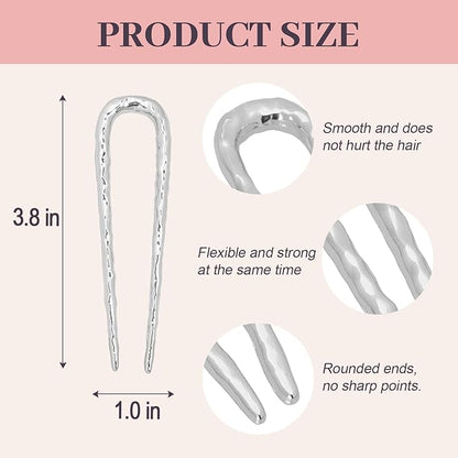 2PCS 3.8Inch French Hair Pins U-Shaped Pins for Women and Girls Fashion Metal Hair Pin French Twist Hair Pins for Buns, Updos,Stylish and Functional(set2-silver)