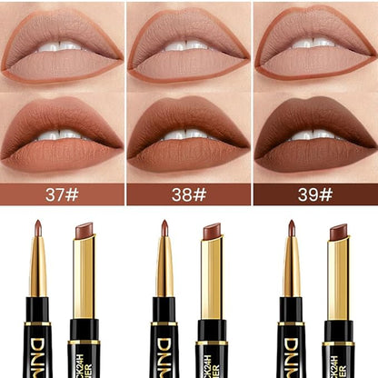 BINGBRUSH 3Pcs Double Ended Nude Dark Brown Velvet Matte Lip Liner and Lipstick Makeup Combo Set for Women,Lipliner 24 Hours Original Waterproof Long Lasting Lip Stains Pencil Kit Set