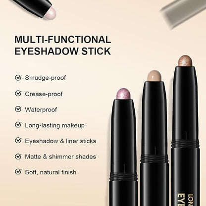 CHIFURE Eyeshadow Stick, Shimmer and Matte Cream Eye Shadow Brightener Sticks Eyeliner Pencil Crayon, Waterproof Long Lasting Eye Highlighter Stick Makeup,0.056 Oz(2PCS #8-Fancy+#9-Champagne)