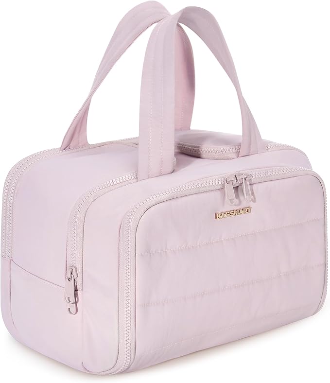 BAGSMART Travel Toiletry Bag, Lightweight Large Wide-open Travel Bag for Women, Puffy Cosmetic Makeup Bag Organizer with Handle for Accessories,Essentials, Toiletries, Pink