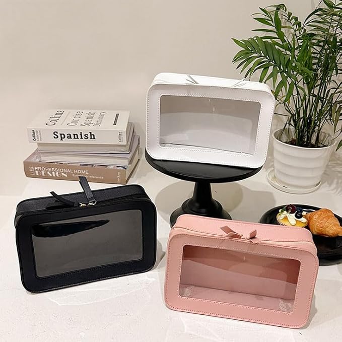 Clear and Waterproof Makeup Bag Portable Travel Cosmetic Case Organizer for Women Toiletry Pouch with Transparent Vinyl Windows & Zippers (White)