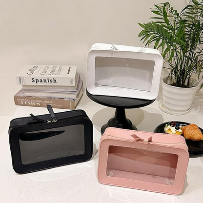 Clear and Waterproof Makeup Bag Portable Travel Cosmetic Case Organizer for Women Toiletry Pouch with Transparent Vinyl Windows & Zippers (White)
