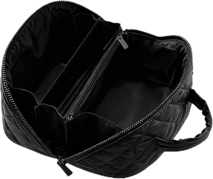 Petition Makeup Bag, 180° Open Lay-Flat Cosmetic Case, Large Capacity Compartment Makeup Bag, Lightweight, Soft and Fashion for Bottles & Brushes (Black)