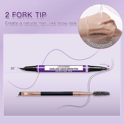 UCANBE Curved Eyebrow Pencils for Women with Spoolie Brush,Dual-Ended Eyebrow Pen with 2-Fork-Tip&Precise Brush-Tip,Microblading Brow Pen for Hair-Like Brows,Waterfool, Long Lasting,Black Brown