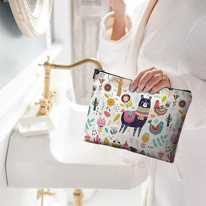 Cute Makeup Bag for Purse Canvas Waterproof Funny Cosmetic Bags for Women Zipper Travel Toiletry Pouch-Alpaca Makeup Bags-Creamy