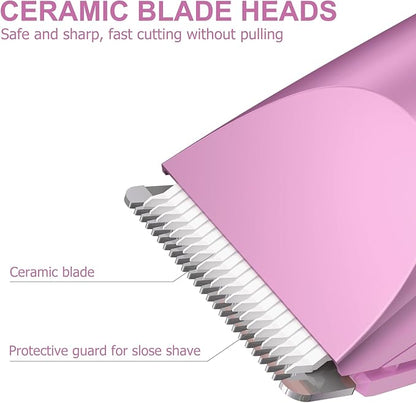 OLOV Electric Body Hair Trimmer - Groin Trimmer for Men - Bikini Trimmer Women - Wet/Dry Shaver Groomer, Replaceable Ceramic Blade Heads, USB Recharge Dock, Waterproof Hygiene Razor, Pink