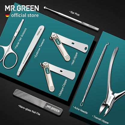 MR.GREEN Manicure Sets Pedicure Kits Stainless Steel Nail Clipper Personal Care Tools with PU Leather Case (Gray)