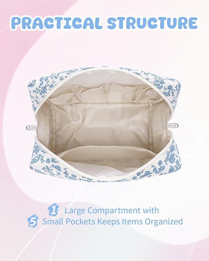 Narwey Birthday Gifts for Teen Girls Kids Women Personalized Initial Floral Makeup Bag Cute Cosmetic Trendy Stuff 6 8 10 11 12 13 14 16 18 Years Old Travel Toiletry Bag (Little Blue Flower C)