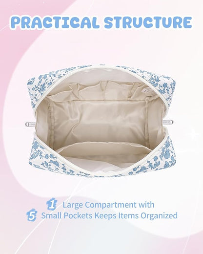 Narwey Birthday Gifts for Teen Girls Kids Women Personalized Initial Floral Makeup Bag Cute Cosmetic Trendy Stuff 6 8 10 11 12 13 14 16 18 Years Old Travel Toiletry Bag (Little Blue Flower C)