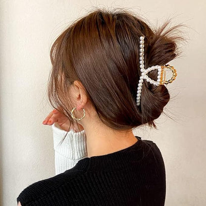 2 Pack Matte Gold and Pearl Hair Claws for Women: Large Metal Clips with Pearls for Thick Hair - Non-Slip Crab Claws and Strong Cross Barrettes