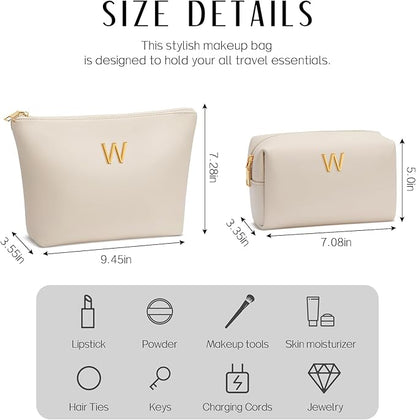 Women Gifts | Initial Makeup Bag Set for Girl Personalized Gifts for Bridesmaid Friend Graduation Teachers PU Leather Cosmetic Travel Toiletry Bag(Beige,W)