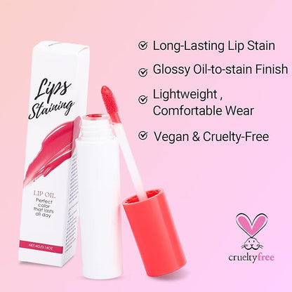 Erinde Lips Staining Lip Oil, Glossy Lip Stain, Long-Lasting Lightweight Lip Staining Oil, Moisturizing Plumping Hydrating Glossy Lip Tint, Vegan & Cruelty-Free, 01