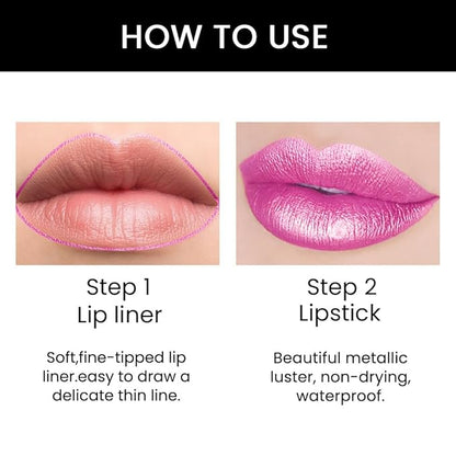 BINGBRUSH 3Pcs Double Ended Vivid Fuchsia Natural Pink Rose Metallic Lip Liner and Lipstick Makeup Combo Set for Women, Lipliner 24 Hours Original Waterproof Long Lasting Lip Stains Pencil Kit Set