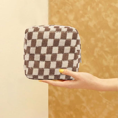 Small Brown Makeup Bag for Purse, Mini Checkered Cosmetic Bag Zipper Cute Make Up Pouch Travel Toiletry Bag Quilted Aesthetic Accessories Makeup Storage Bag Organizer for Women Girls