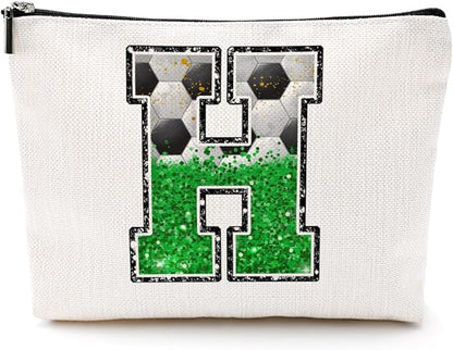 Soccer Gifts Initial Makeup Bag Monogrammed Cosmetic Bag Letter H Zipper Pouch Soccer Accessories for Girls Women Player Coach Friend Stuff Graduation Birthday Gifts