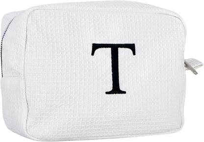 Personalized White Waffle Makeup Bag,Custom Embroidered Initial Cosmetic Pouch for Women,Monogrammed Cosmetic Case,Bridesmaid Gifts (T)
