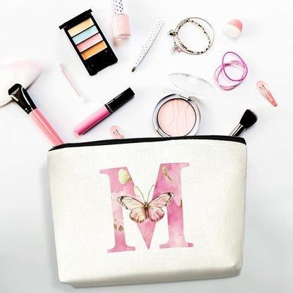 Initial Makeup Bag Pink Butterfly M Personalized Cosmetic Bag Monogrammed Gifts for Women Girls Mom Bridesmaid Monogram Zipper Pouch for Friendship Mothers Day Birthday Wedding Bridal Shower Gifts