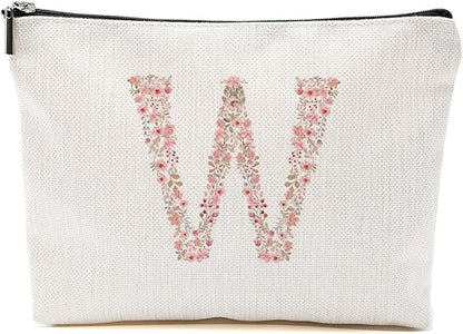 Initial Makeup Bag Floral W Personalized Cosmetic Bag Monogrammed Gifts for Women Girls Mama Bridesmaid Monogram Zipper Pouch for Teacher Appreciation Mothers Day Birthday Wedding Bridal Shower Gifts
